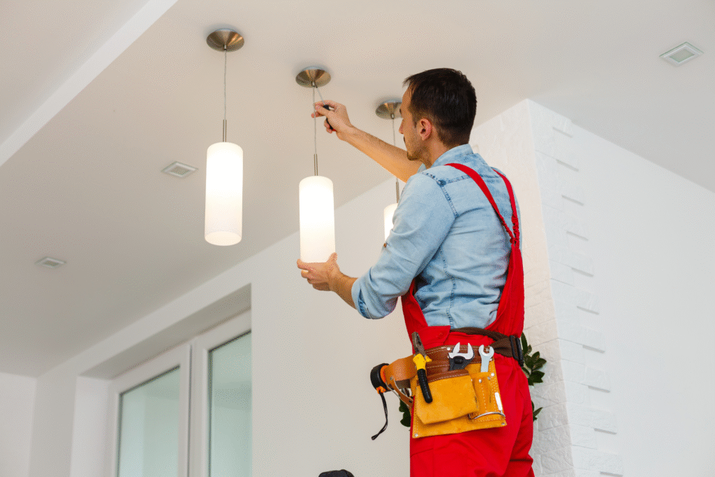 Commercial electrician installing energy-efficient LED lighting in Dublin office space