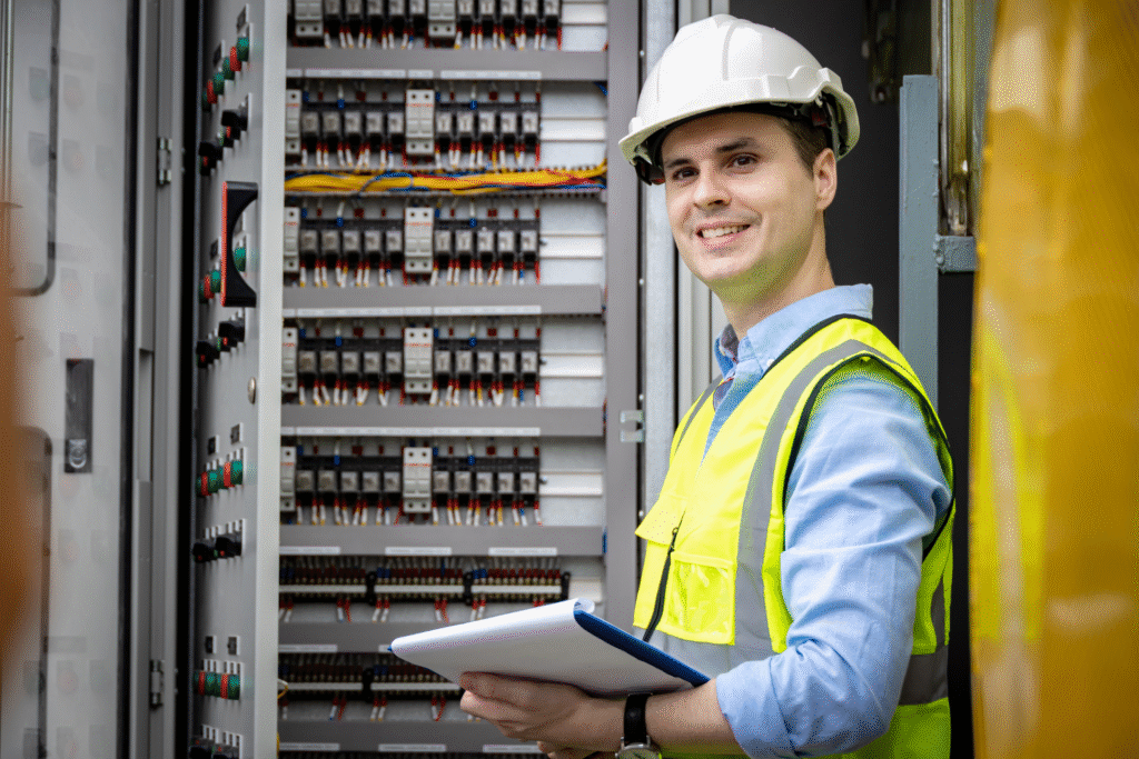 Industrial electrician upgrading electrical distribution board for higher load capacity in Dublin plant