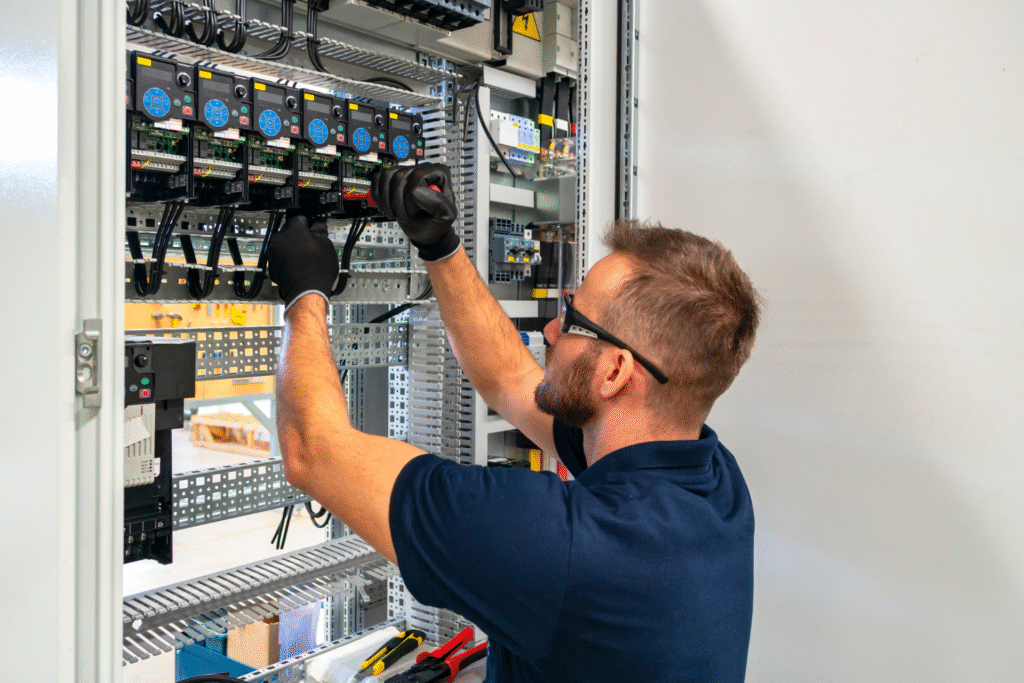 Industrial electrician in Dublin installing three-phase power distribution system